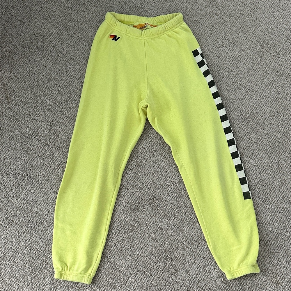 Neon Yellow Aviator Nation Sweatpants with Checkered Stripe